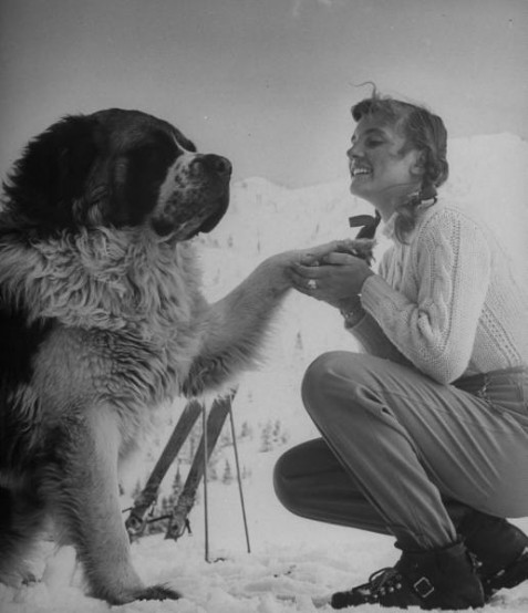 15-year old skiing prodigy Andrea Mead Lawrence shaking hands with large dog.